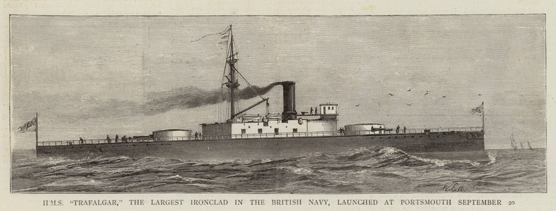 HMS „Trafalgar“, největší železný plášť v britském námořnictvu, spuštěna v Portsmouthu 20. září (rytina) od English School