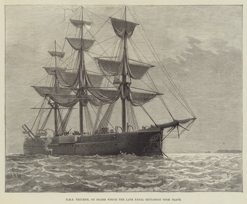 HMS Triumph, na palubě které se odehrála pozdní fatální exploze (rytina) od English School