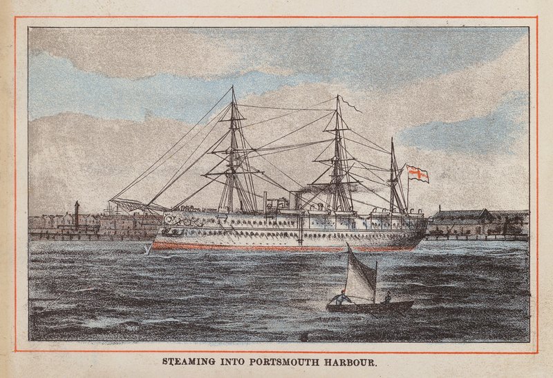 HM indická vojenská loď: vplouvající do přístavu Portsmouth (kolorovaná rytina) od English School