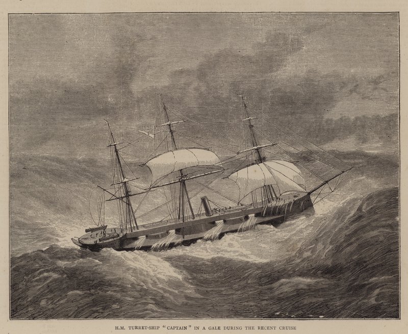 HM Turret-Ship "Kapitán" ve vichřici během nedávné plavby (rytina) od English School