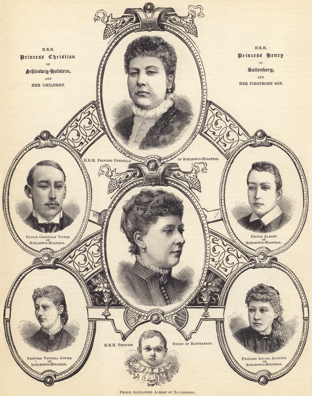 Jeho královská výsost princezna Christian ze Šlesvicka-Holštýnska a královská výsost princezna Jindřich z Battenbergu a jejich děti (rytina) od English School