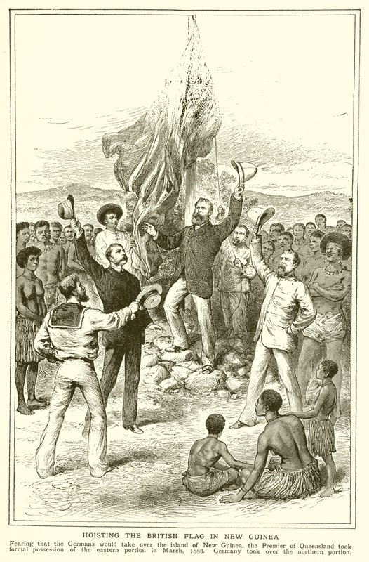 H. M. Chester, queenslandský soudce při vztyčování britské vlajky na Nové Guineji, březen 1883 od English School