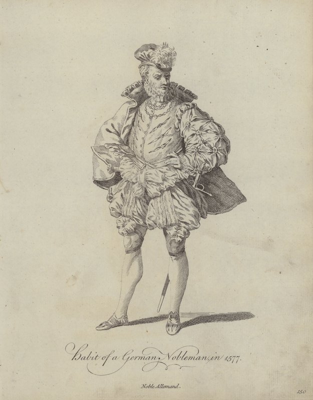 Oblek německého šlechtice v roce 1577 (rytina) od English School