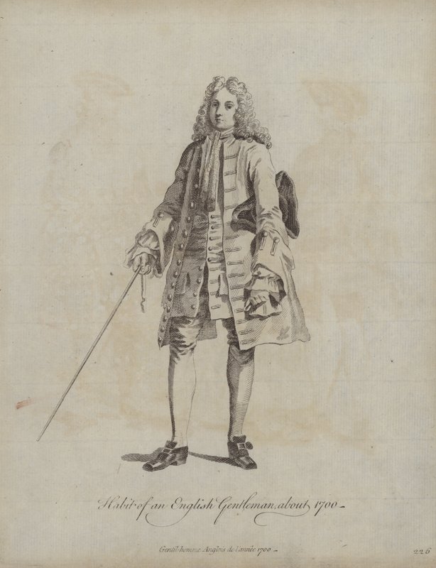 Hábit anglického gentlemana kolem roku 1700 (rytina) od English School