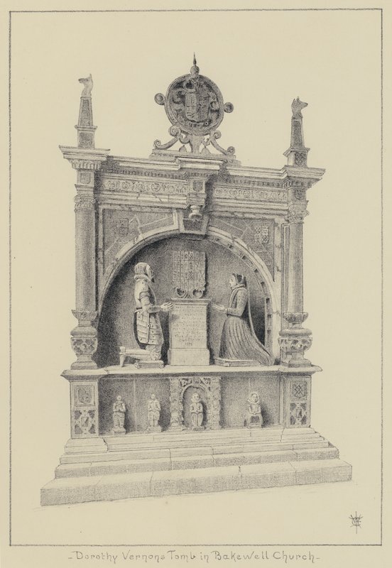Haddon Hall, hrobka Dorothy Vernonové v Bakewell Church (litho) od English School