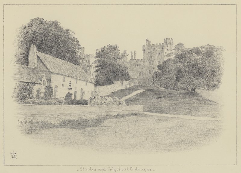 Haddon Hall, stáje a hlavní vchod (litho) od English School