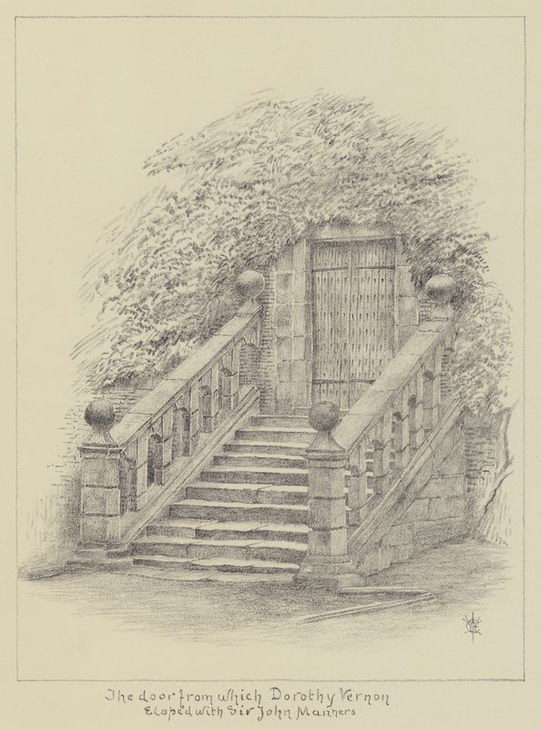 Haddon Hall, dveře, ze kterých Dorothy Vernon utekla se sirem Johnem Mannersem (litho) od English School
