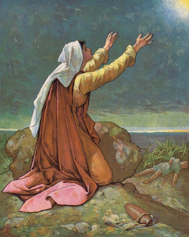 Hagar a Izmael na poušti (barevná litografie) od English School