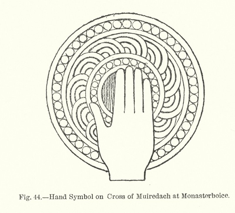 Symbol ruky na kříži Muiredach v Monasterboice (rytina) od English School