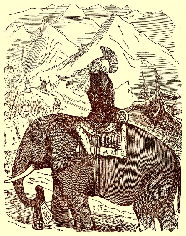 Hannibal Crossing the Alps, ilustrace z Komiksové historie Říma od Gilberta Abbotta a Becketta, vydané kolem roku 1850 (digitálně vylepšený obrázek) od English School