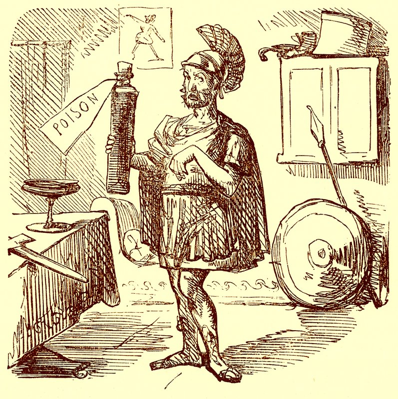 Hannibal dělá obvyklou úhlednou a vhodnou řeč před zabitím sebe, ilustrace z Komiksové historie Říma od Gilberta Abbotta a Becketta, vydané kolem roku 1850 (digitálně vylepšený obrázek) od English School