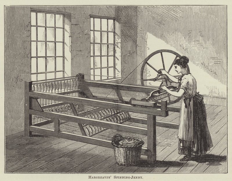 Hargreavesův spinning-jenny (rytina) od English School