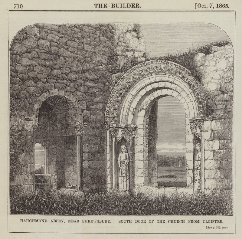 Haughmond Abbey, poblíž Shrewsbury, Jižní dveře kostela z kláštera (rytina) od English School