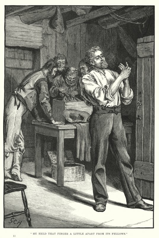 Držel ten prst trochu stranou od jeho kolegů (rytina) od English School