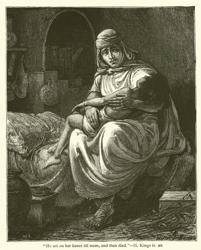 "Seděl na jejích kolenou až do poledne a pak zemřel", II, Kings, iv, 20 (rytina) od English School