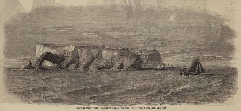 Helgoland, náborová stanice cizinecké legie (rytina) od English School