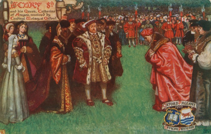 Jindřich 8. a jeho královna Kateřina Aragonská, přijatá kardinálem Wolseym v Oxfordu, 1518 od English School