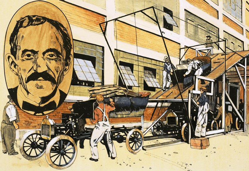 Henry Ford a jeho první výrobní linka z roku 1908 od English School