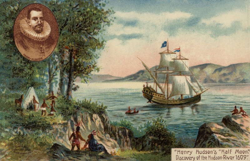 Loď Henryho Hudsona Half Moon objevuje řeku Hudson, Severní Amerika od English School