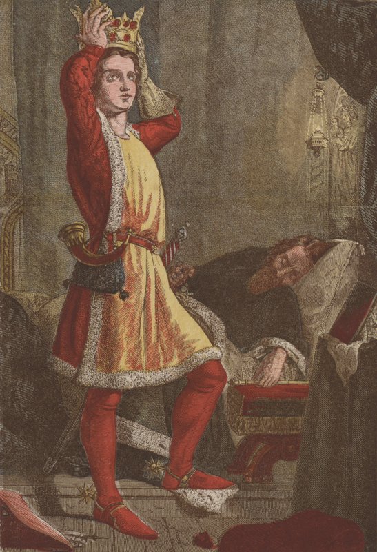 Henry, princ z Walesu, budoucí král Jindřich V., zkouší korunu svého otce (chromolitho) od English School