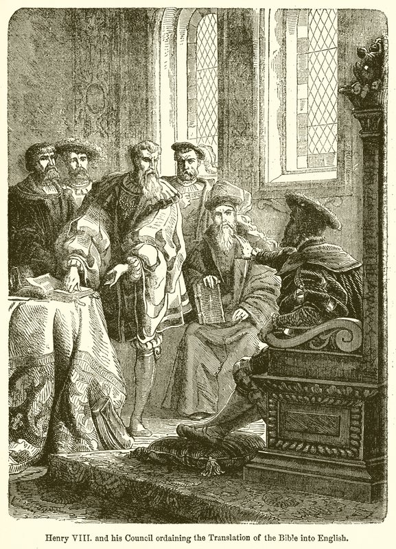 Jindřich VIII. a jeho koncil, který nařídil překlad Bible do angličtiny od English School