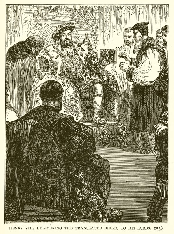 Jindřich VIII. předává přeložené Bible svým pánům, 1538 od English School
