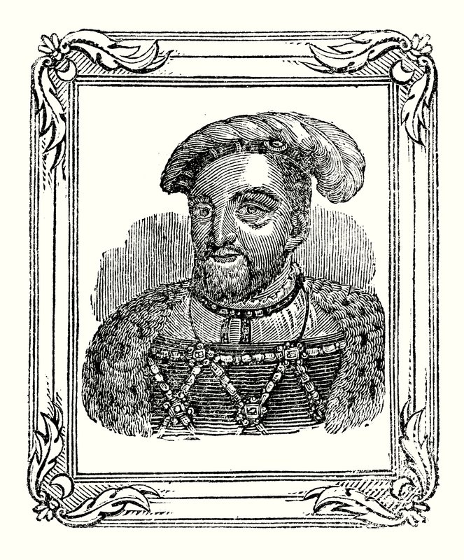 Jindřich VIII. se narodil v roce 1490, korunován byl v roce 1509, zemřel v roce 1547 (rytina) od English School