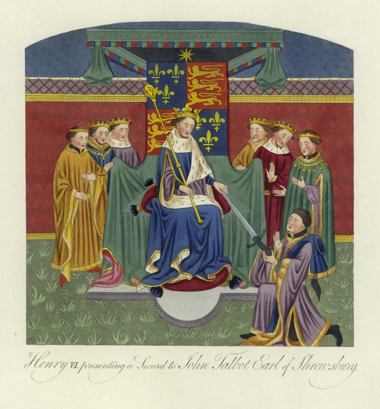 Jindřich VI., anglický král, předává meč Johnu Talbotovi, hraběti ze Shrewsbury, 15. století od English School