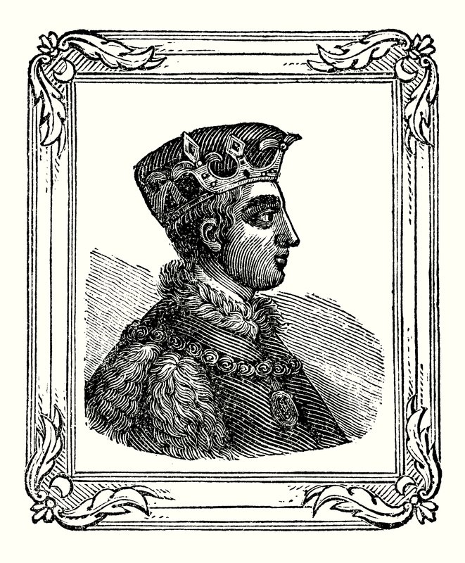 Jindřich V. se narodil v roce 1388, korunován v roce 1413 a zemřel v roce 1422 (rytina) od English School
