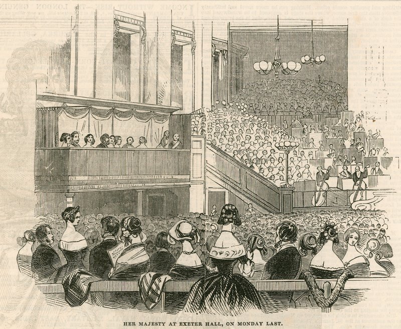 Její Veličenstvo královna Viktorie v Exeter Hall, Strand, Londýn od English School