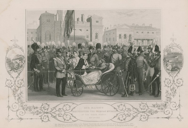 Její Veličenstvo rozdalo krymské medaile u Horse Guards, 18. května 1856 od English School