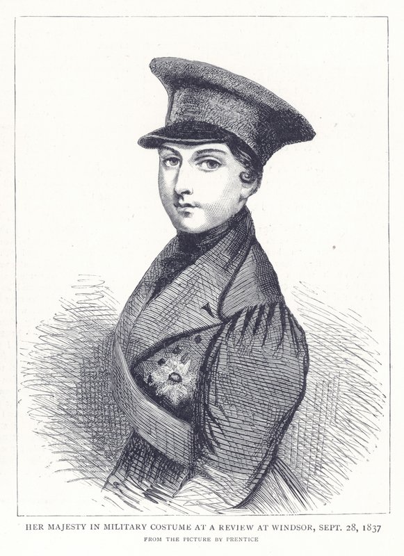 Její Veličenstvo ve vojenském kostýmu na recenzi ve Windsoru, 28. září 1837 od English School