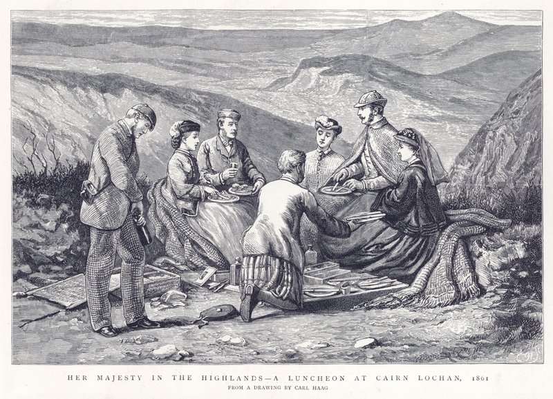 Její Veličenstvo na Vysočině – oběd v Cairn Lochan, 1861 od English School