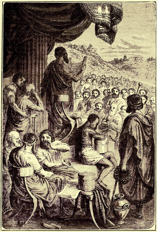 Herodotos čte svou Historii na veřejném festivalu, ilustrace z Ilustrované historie světa, vydané kolem roku 1880 (digitálně upravený obrázek) od English School