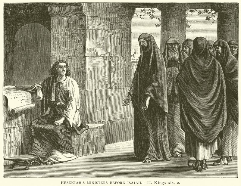 Ezechiášovi ministři před Izajášem, II, Kings, xix, 2 (rytina) od English School