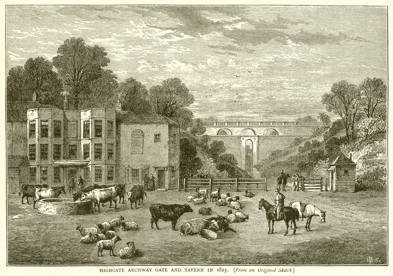 Highgate Archway Gate and Tavern v roce 1825 od English School