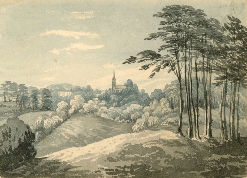 Highgate Church, Londýn, z Hampstead Heath (wc na papíře) od English School