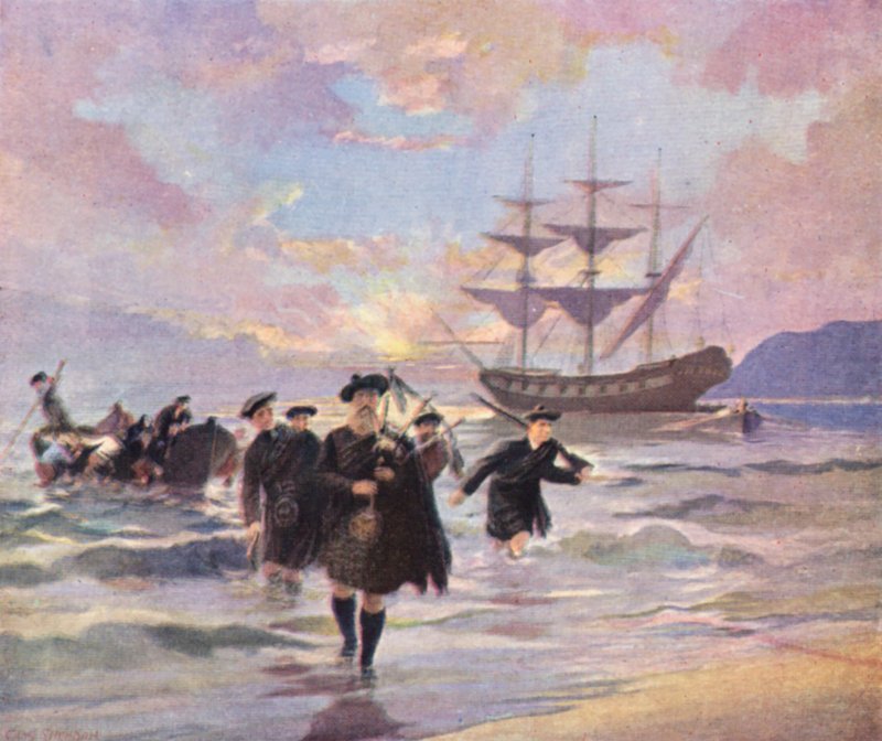 Horalé přijíždějící do Pictou v Novém Skotsku z lodi "Hector", 1773 (barevná litografie) od English School