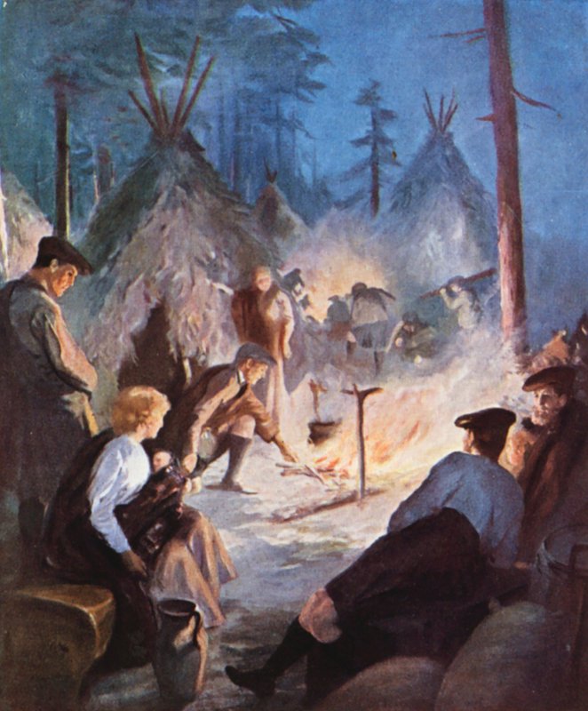 Highland Settlers tábořící na pobřeží ostrova Prince Edwarda od English School