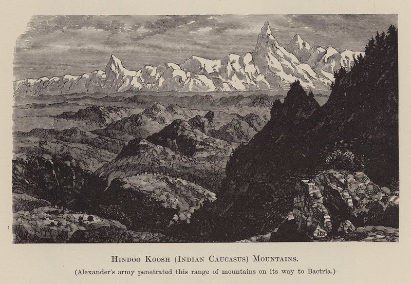 Hindoo Koosh, Indický Kavkaz, hory (rytina) od English School