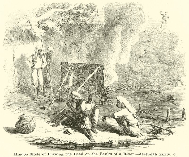 Hindoo Mode of Burning the Dead na břehu řeky, Jeremiah, xxxiv, 5 od English School