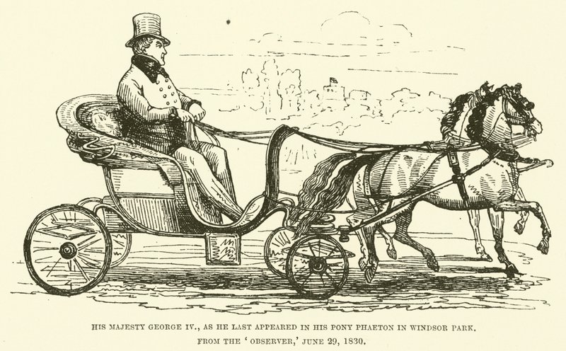 Jeho Veličenstvo George IV, jak se naposledy objevil ve svém poníkovi Phaetonovi ve Windsorském parku, z Observer, 29. června 1830 (rytina) od English School