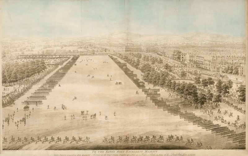 Jeho Veličenstvo hodnotí dobrovolnický sbor shromážděný v Hyde Parku na počest narozenin 4. června 1799 od English School