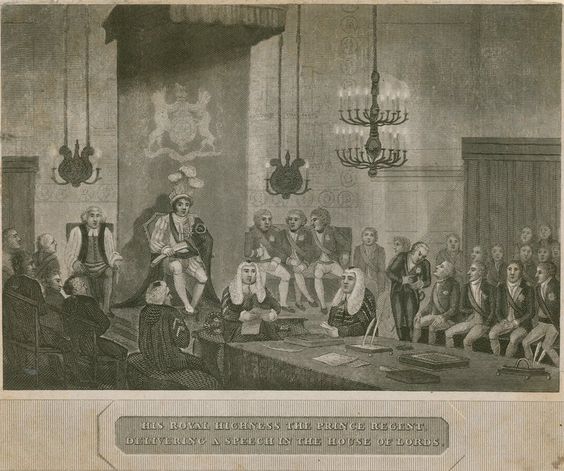 Jeho královská Výsost princ regent při projevu ve Sněmovně lordů od English School