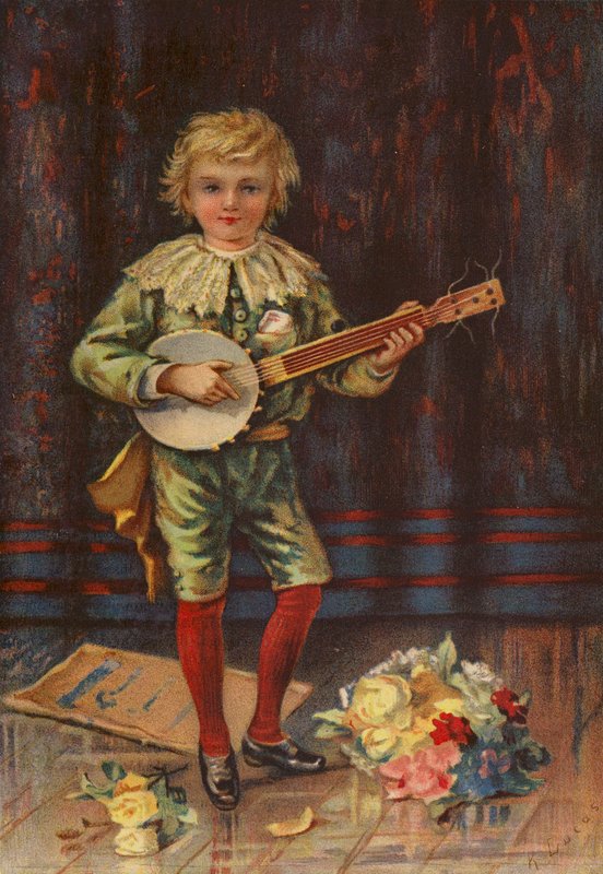 Jeho první vystoupení - chlapec hrající na banjo (barevná litografie) od English School