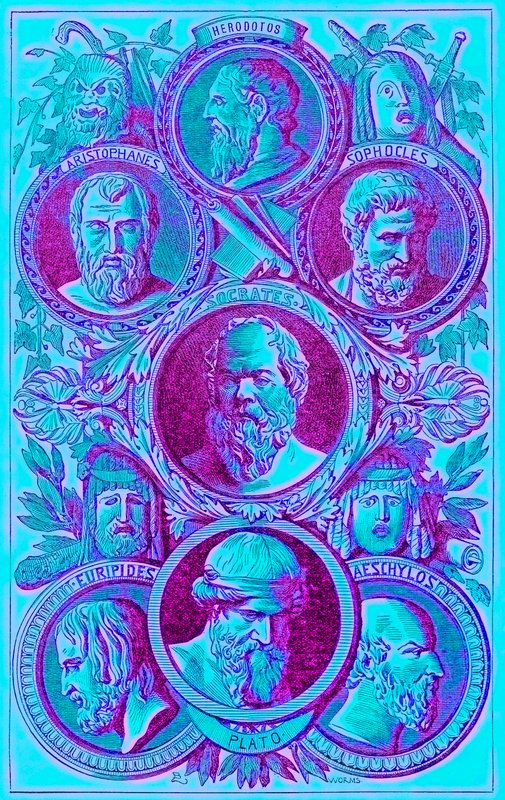 Historici, filozofové a dramatici starověkého Řecka, ilustrace z Ilustrované historie světa, publikované kolem roku 1880 (digitálně upravený obrázek) od English School
