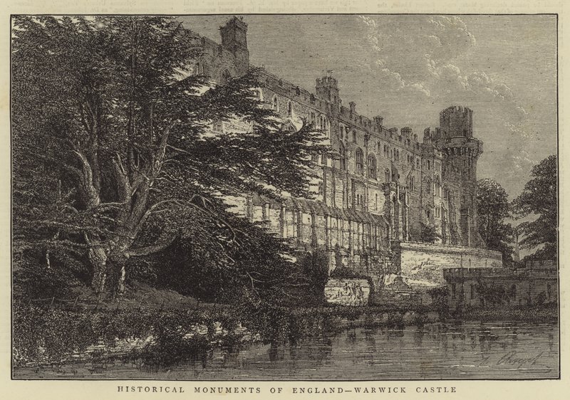 Historické památky Anglie, hrad Warwick (rytina) od English School