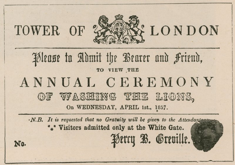 Hoax vstupenka na ceremonii mytí lvů v Tower of London od English School