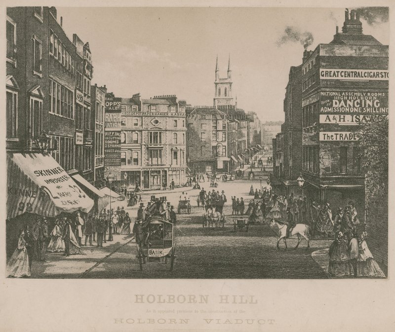 Holborn Hill, jak se zdá před stavbou Holbornského viaduktu od English School