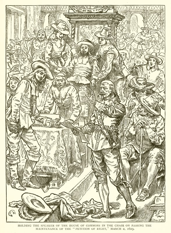 Držení předsedy Dolní sněmovny v předsednictví při schválení žádosti o zachování práva, 2. března 1629 od English School